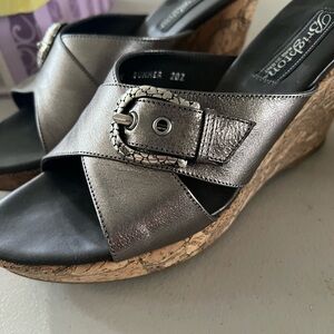 Brighton Silver and Black Wedge Sandals with Decorative Buckle